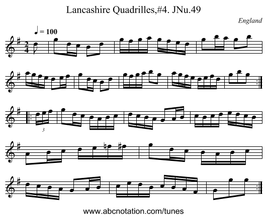 Lancashire Quadrilles,#4. JNu.49 - staff notation