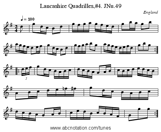 Lancashire Quadrilles,#4. JNu.49 - staff notation