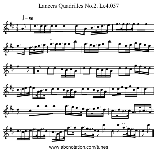 Lancers Quadrilles No.2. Le4.057 - staff notation