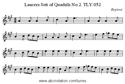 Lancers Sett of Quadrils No.2. TLY.052 - staff notation