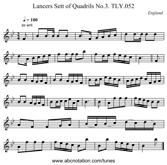 Lancers Sett of Quadrils No.3. TLY.052 - staff notation