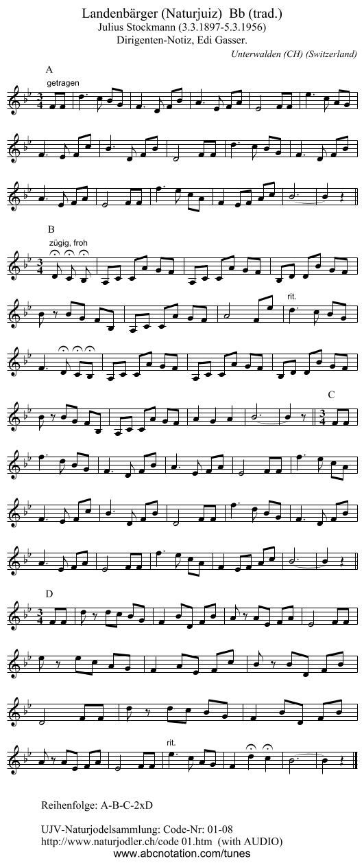 Landenbärger (Naturjuiz)  Bb (trad.) - staff notation