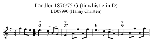L&auml;ndler 1870/75 G (tinwhistle in D) - staff notation