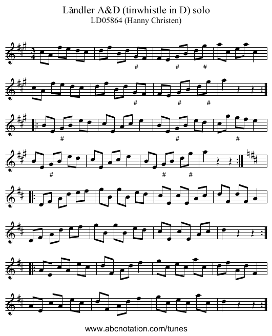 L&auml;ndler A&D (tinwhistle in D) solo - staff notation