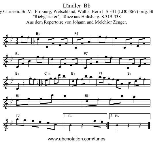 L&auml;ndler  Bb - staff notation