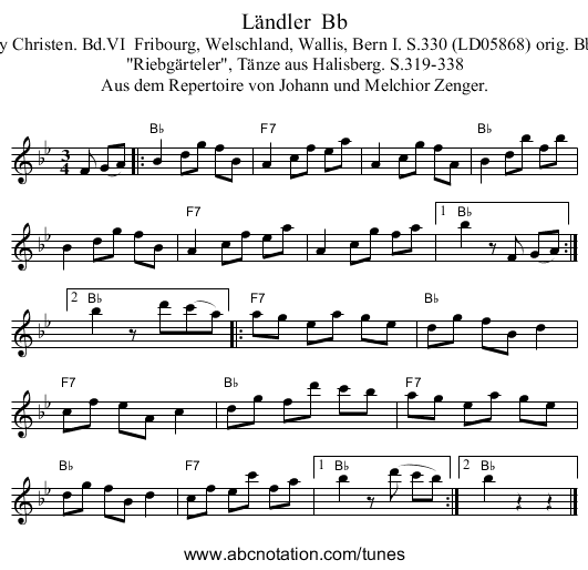 L&auml;ndler  Bb - staff notation