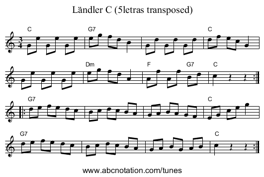 L&auml;ndler C (5letras transposed) - staff notation