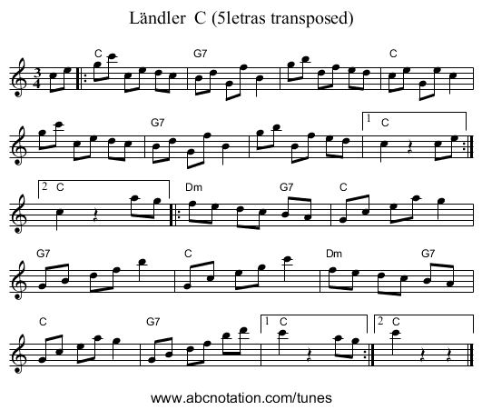 L&auml;ndler  C (5letras transposed) - staff notation