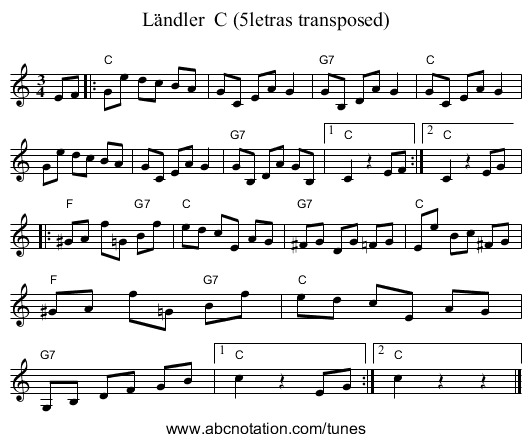 L&auml;ndler  C (5letras transposed) - staff notation
