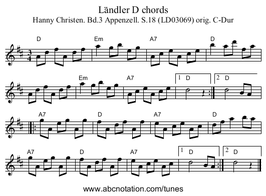 Ländler D chords - staff notation