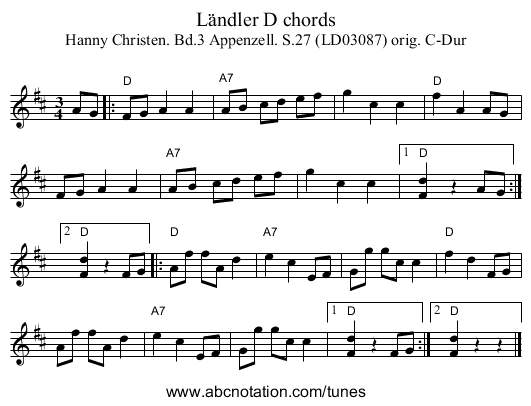 Ländler D chords - staff notation