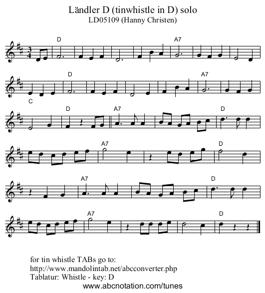 Ländler D (tinwhistle in D) solo - staff notation