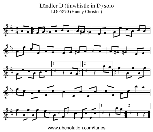 L&auml;ndler D (tinwhistle in D) solo - staff notation