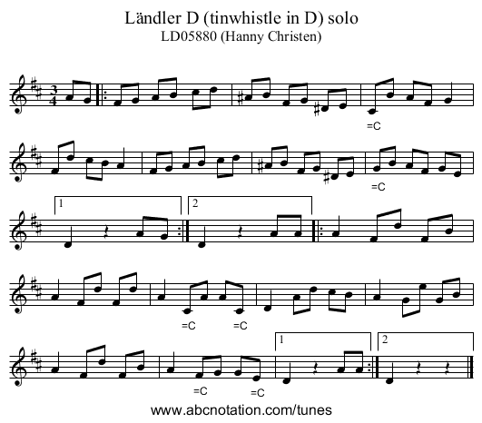 L&auml;ndler D (tinwhistle in D) solo - staff notation