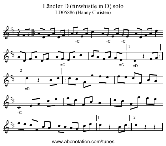 L&auml;ndler D (tinwhistle in D) solo - staff notation
