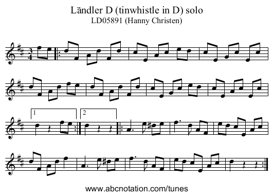 L&auml;ndler D (tinwhistle in D) solo - staff notation