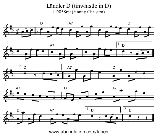 L&auml;ndler D (tinwhistle in D) - staff notation