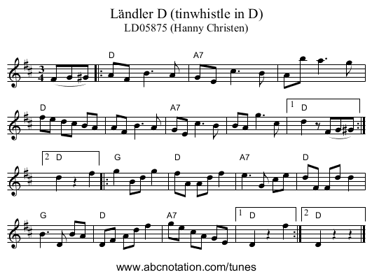 L&auml;ndler D (tinwhistle in D) - staff notation