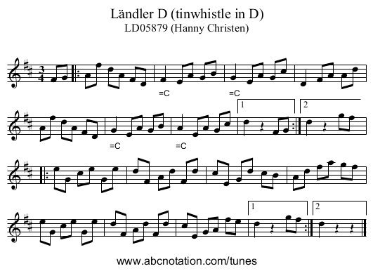 L&auml;ndler D (tinwhistle in D) - staff notation