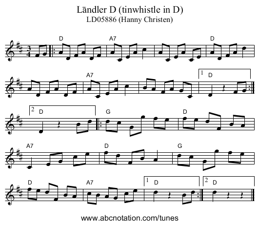 L&auml;ndler D (tinwhistle in D) - staff notation
