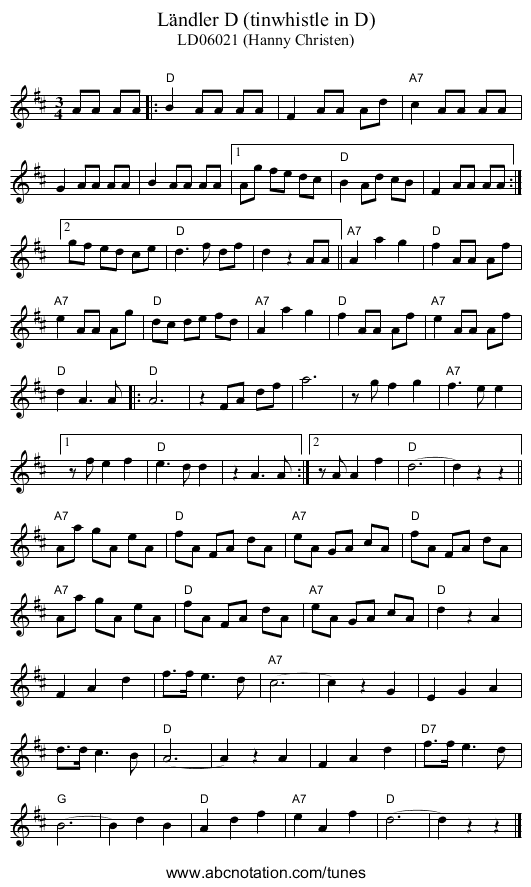 Ländler D (tinwhistle in D) - staff notation