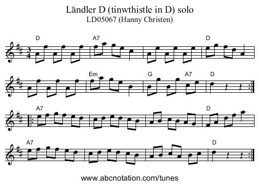 L&auml;ndler D (tinwthistle in D) solo - staff notation