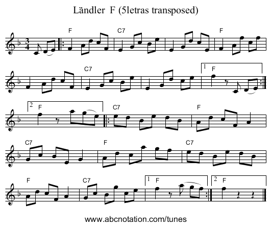 L&auml;ndler  F (5letras transposed) - staff notation