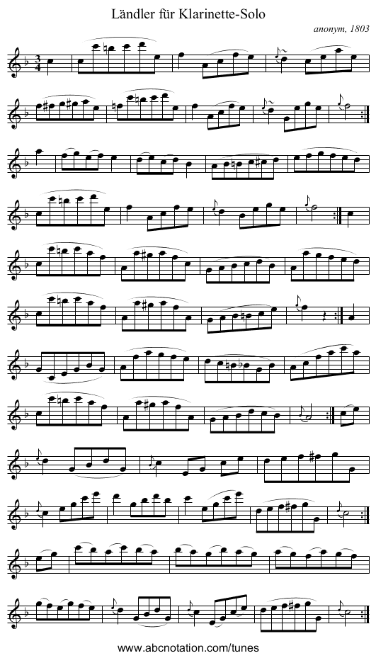 Ländler für Klarinette-Solo - staff notation