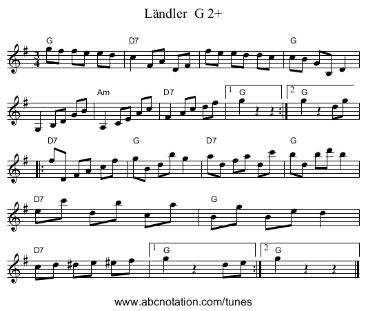 L&auml;ndler  G 2+ - staff notation