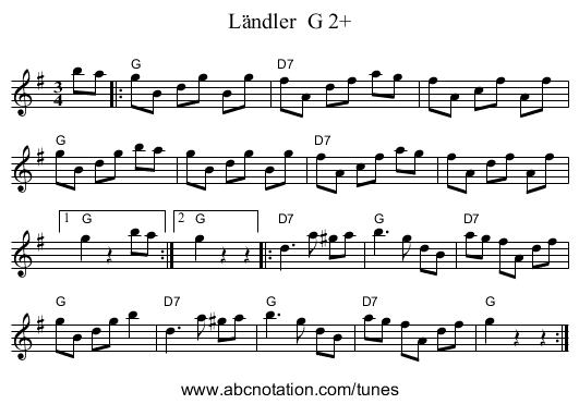 L&auml;ndler  G 2+ - staff notation