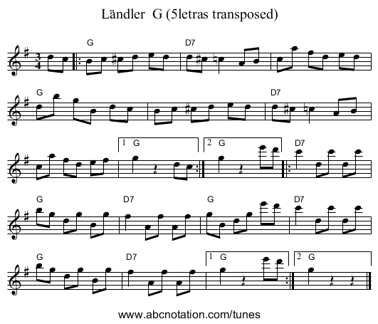 L&auml;ndler  G (5letras transposed) - staff notation