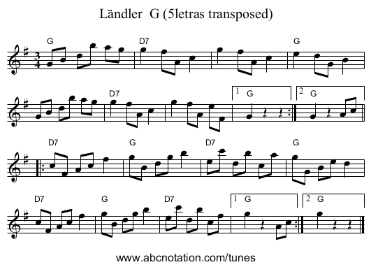 L&auml;ndler  G (5letras transposed) - staff notation