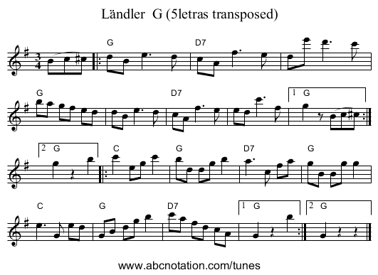 L&auml;ndler  G (5letras transposed) - staff notation