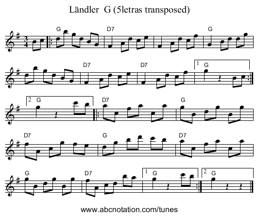 L&auml;ndler  G (5letras transposed) - staff notation