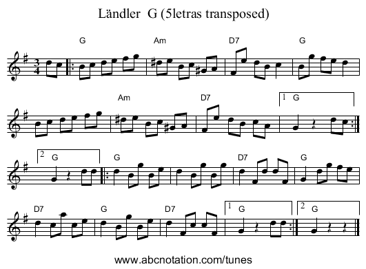 Ländler G (5letras transposed) - staff notation