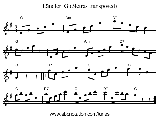 L&auml;ndler  G (5letras transposed) - staff notation