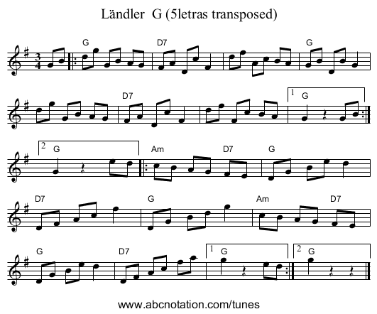 L&auml;ndler  G (5letras transposed) - staff notation