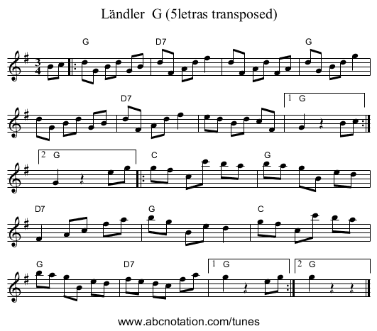 Ländler G (5letras transposed) - staff notation