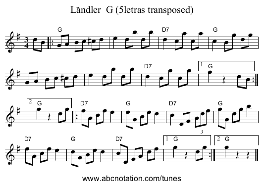 Ländler G (5letras transposed) - staff notation