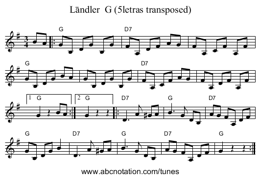 L&auml;ndler  G (5letras transposed) - staff notation