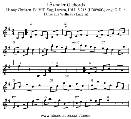 Ländler G chords - staff notation