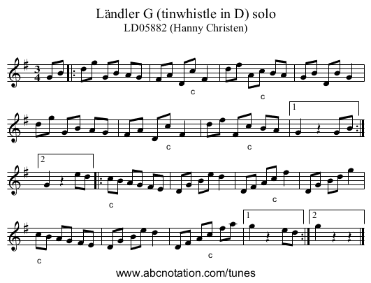 L&auml;ndler G (tinwhistle in D) solo - staff notation