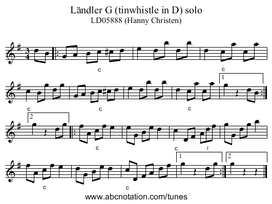 L&auml;ndler G (tinwhistle in D) solo - staff notation