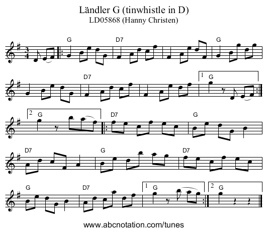 L&auml;ndler G (tinwhistle in D) - staff notation