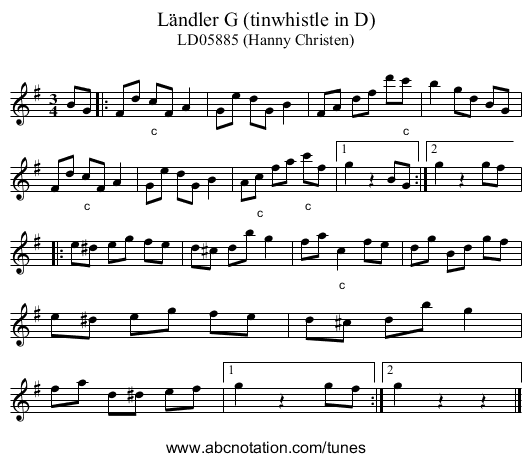 L&auml;ndler G (tinwhistle in D) - staff notation