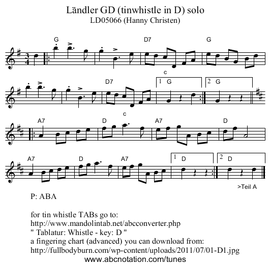 L&auml;ndler GD (tinwhistle in D) solo - staff notation