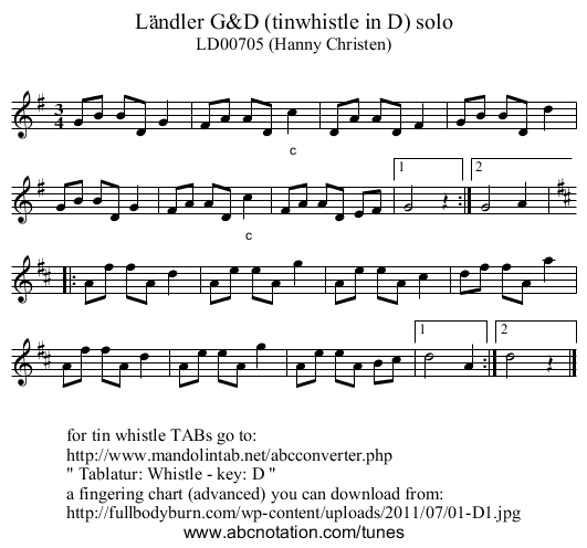 L&auml;ndler G&D (tinwhistle in D) solo - staff notation