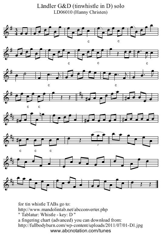 L&auml;ndler G&D (tinwhistle in D) solo - staff notation