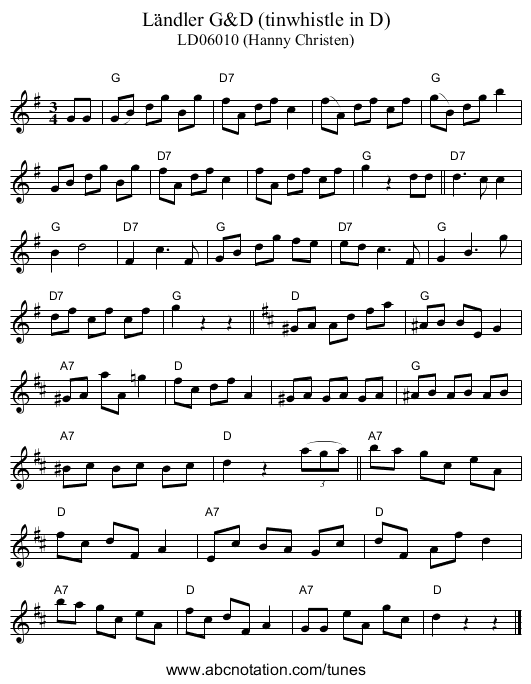 L&auml;ndler G&D (tinwhistle in D) - staff notation