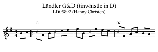 L&auml;ndler G&D (tinwhistle in D) - staff notation